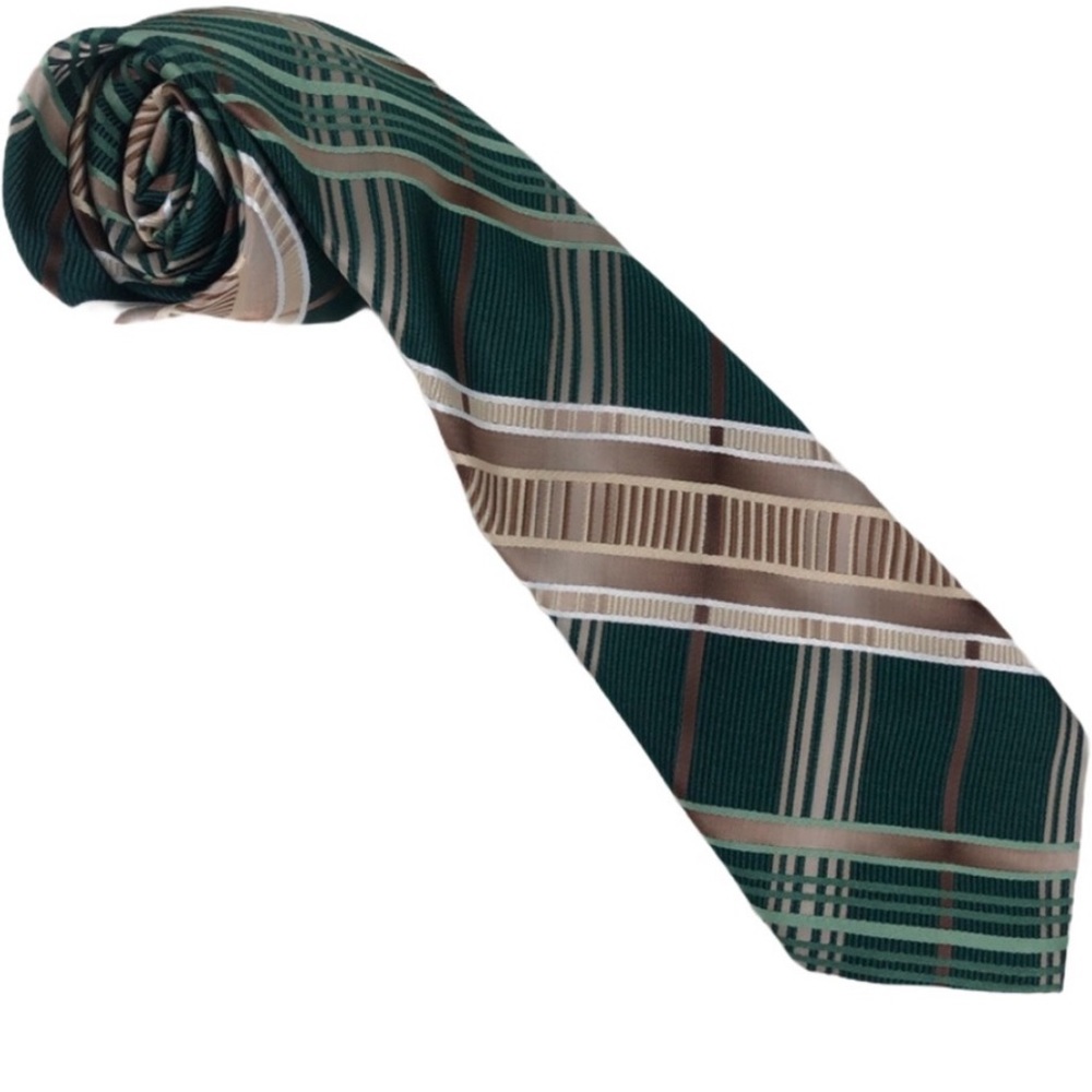 Leonardo VINTAGE green, mint, tan, cream, & gold unique striped polyester tie